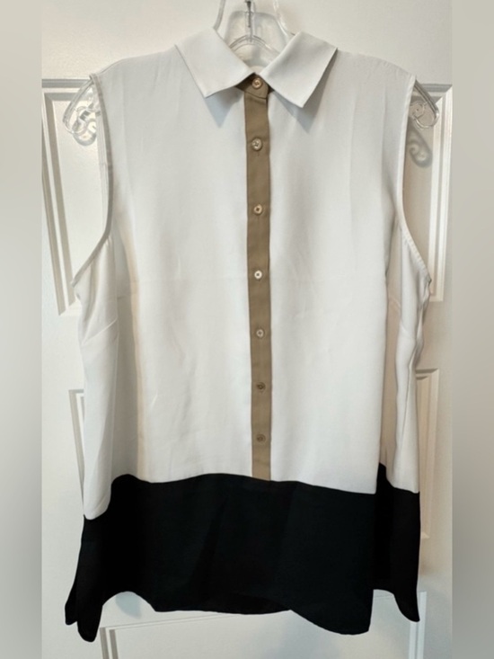 Talbots Tops - Talbots Sleeveless Button Front Blouse Colorblock White Black Tan Minimalist